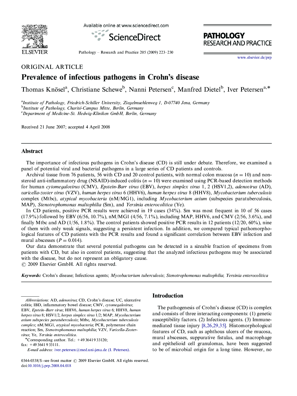 Prevalence of infectious pathogens in Crohn's disease