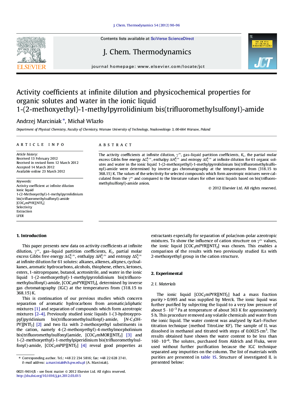 Activity coefficients at infinite dilution and physicochemical properties for organic solutes and water in the ionic liquid 1-(2-methoxyethyl)-1-methylpyrrolidinium bis(trifluoromethylsulfonyl)-amide