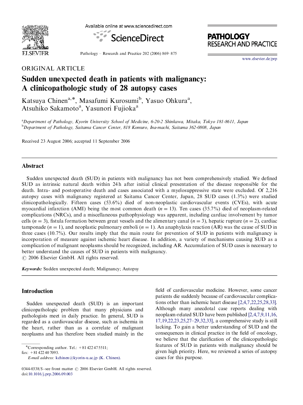 Sudden unexpected death in patients with malignancy: A clinicopathologic study of 28 autopsy cases