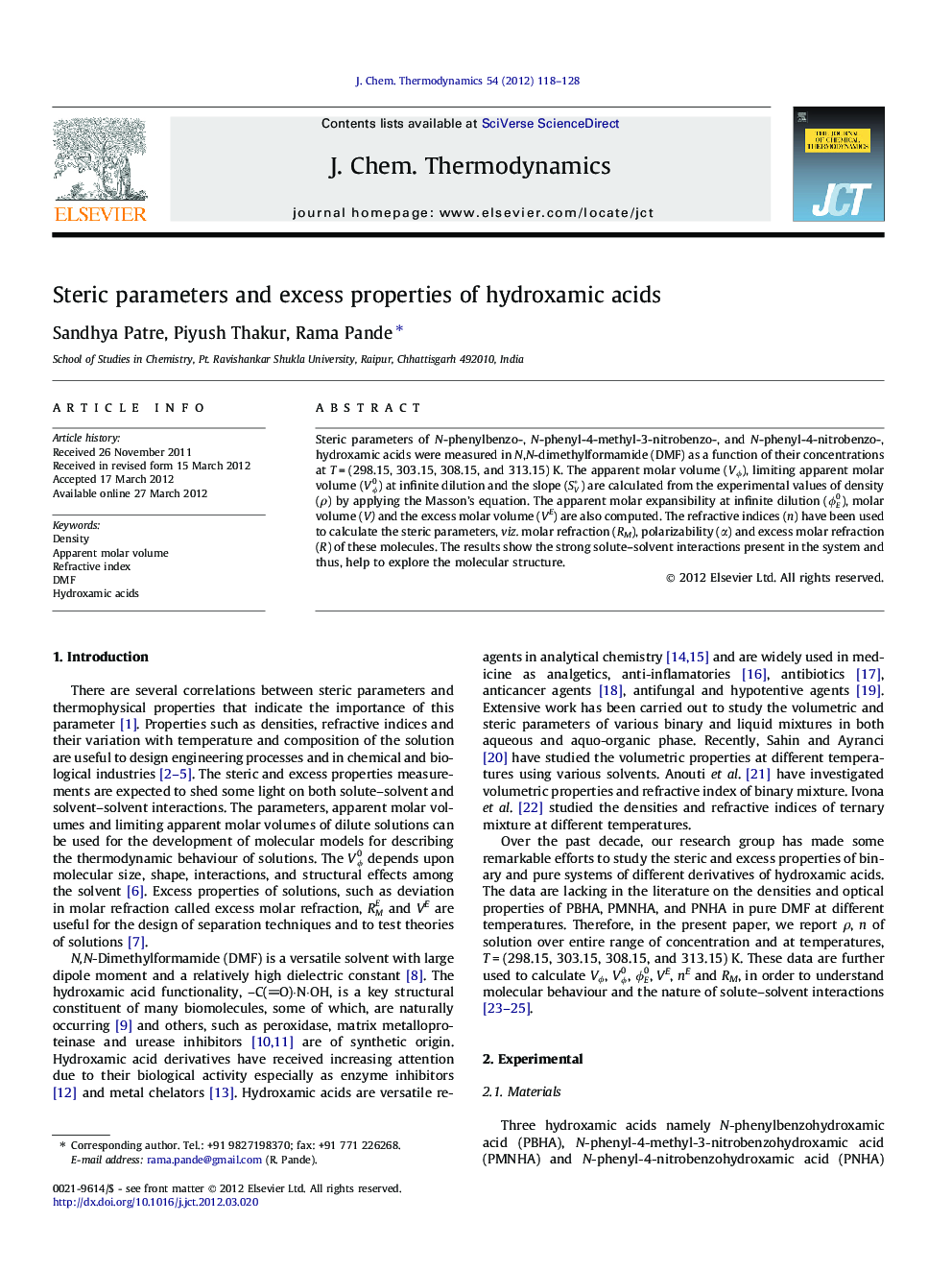 Steric parameters and excess properties of hydroxamic acids