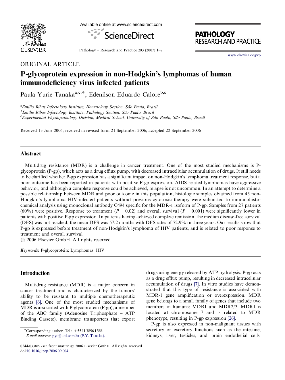 P-glycoprotein expression in non-Hodgkin's lymphomas of human immunodeficiency virus infected patients