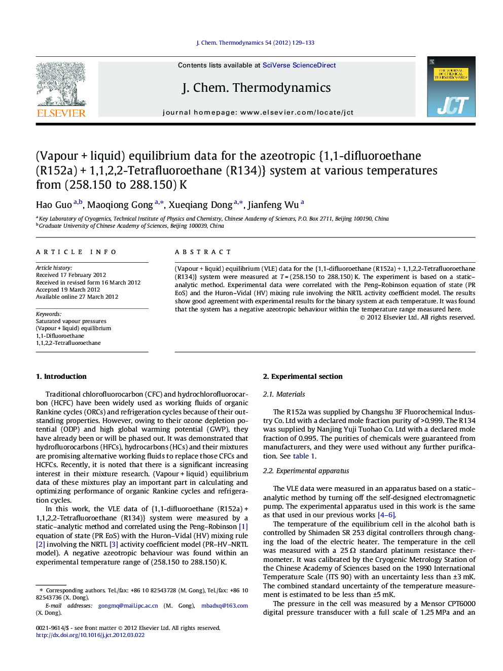 (Vapour + liquid) equilibrium data for the azeotropic {1,1-difluoroethane (R152a) + 1,1,2,2-Tetrafluoroethane (R134)} system at various temperatures from (258.150 to 288.150) K