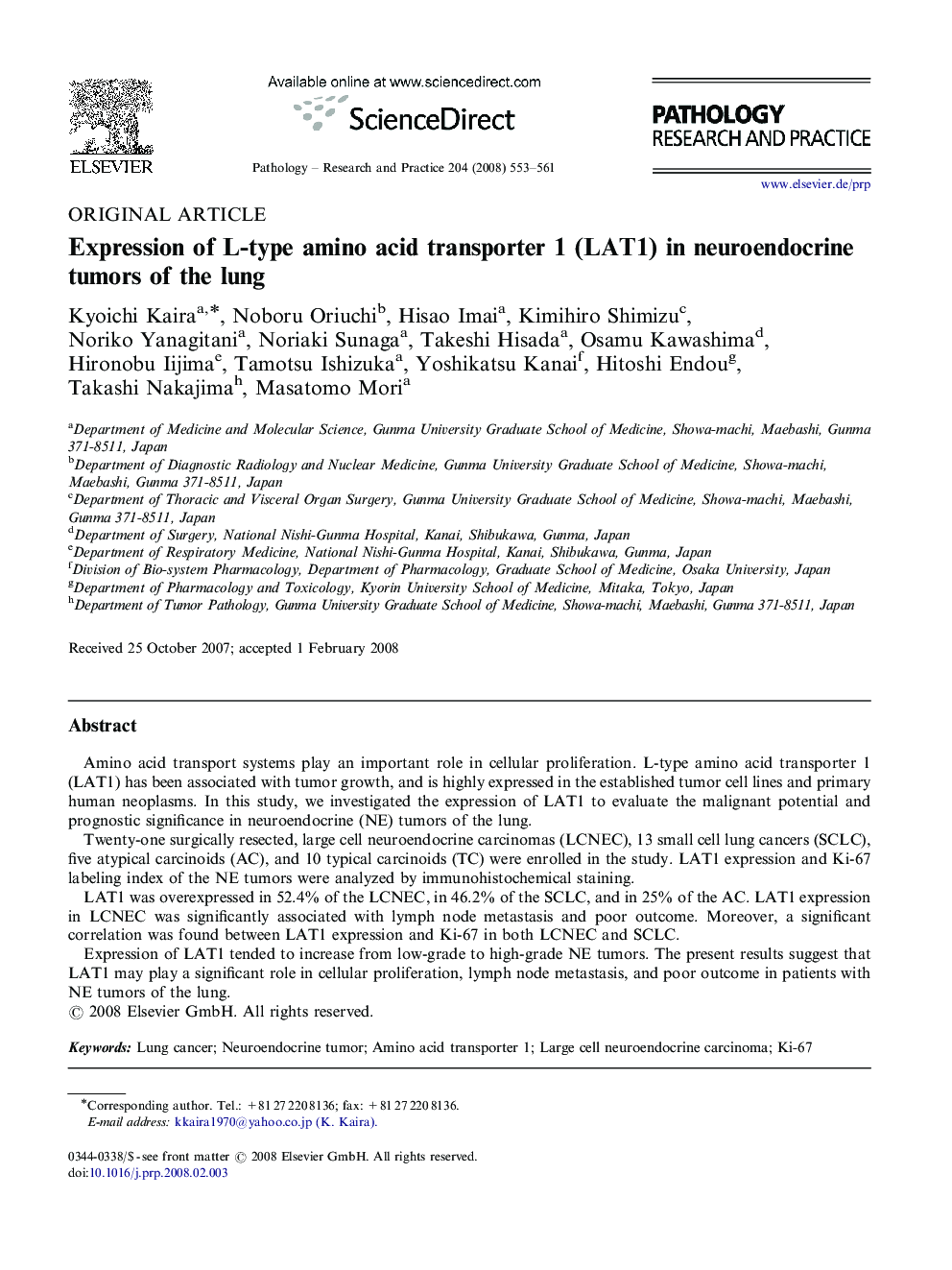 Expression of L-type amino acid transporter 1 (LAT1) in neuroendocrine tumors of the lung