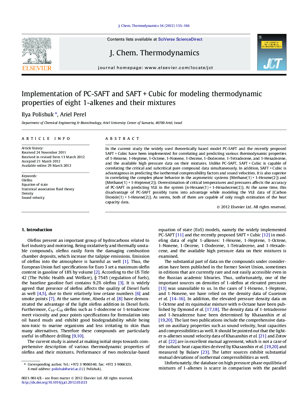 Implementation of PC-SAFT and SAFT + Cubic for modeling thermodynamic properties of eight 1-alkenes and their mixtures