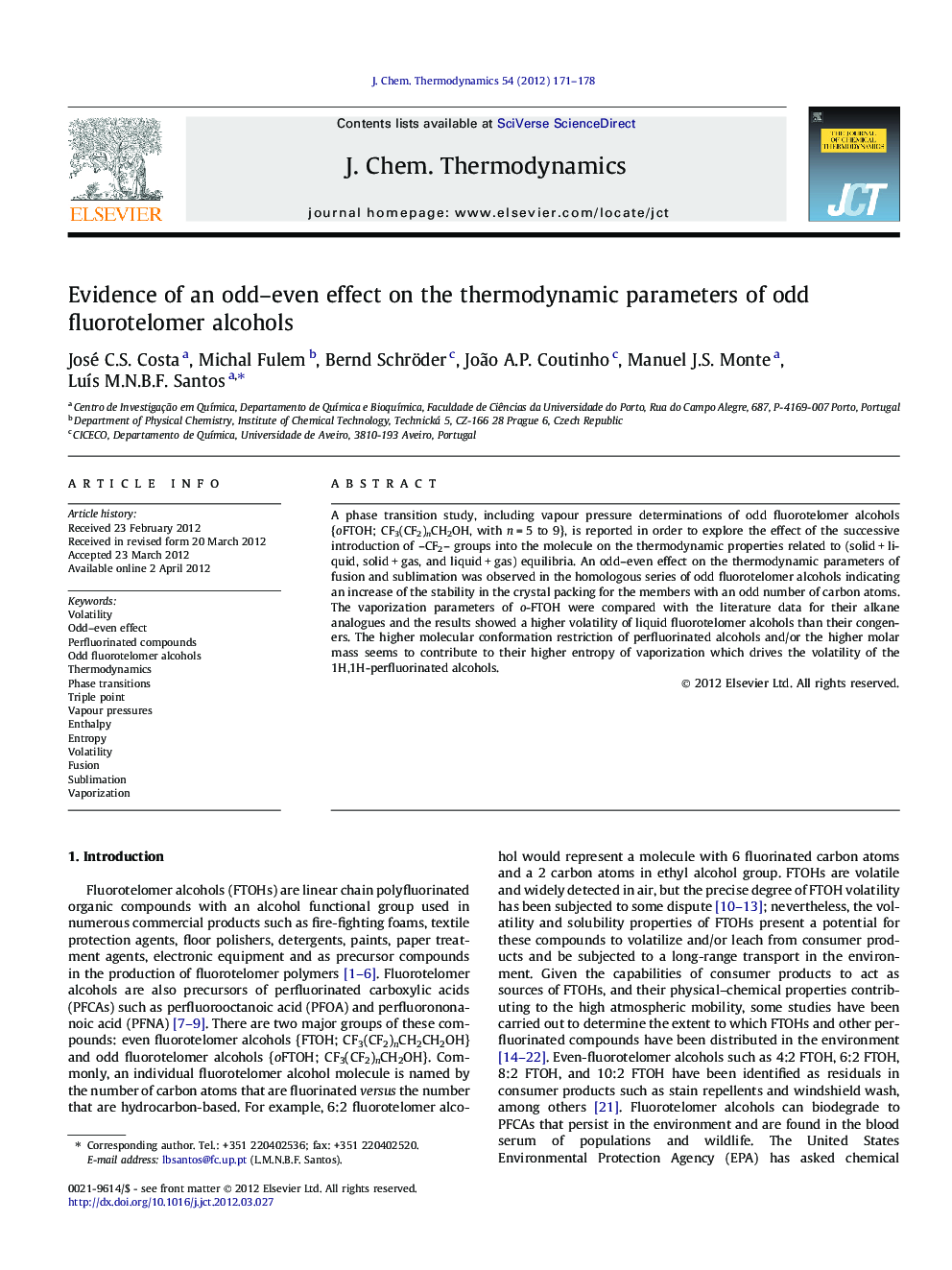 Evidence of an odd–even effect on the thermodynamic parameters of odd fluorotelomer alcohols