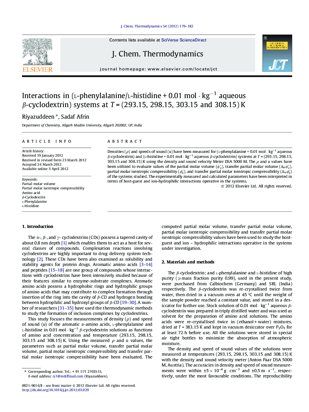 Interactions in (l-phenylalanine/l-histidine + 0.01 mol · kg−1 aqueous β-cyclodextrin) systems at T = (293.15, 298.15, 303.15 and 308.15) K