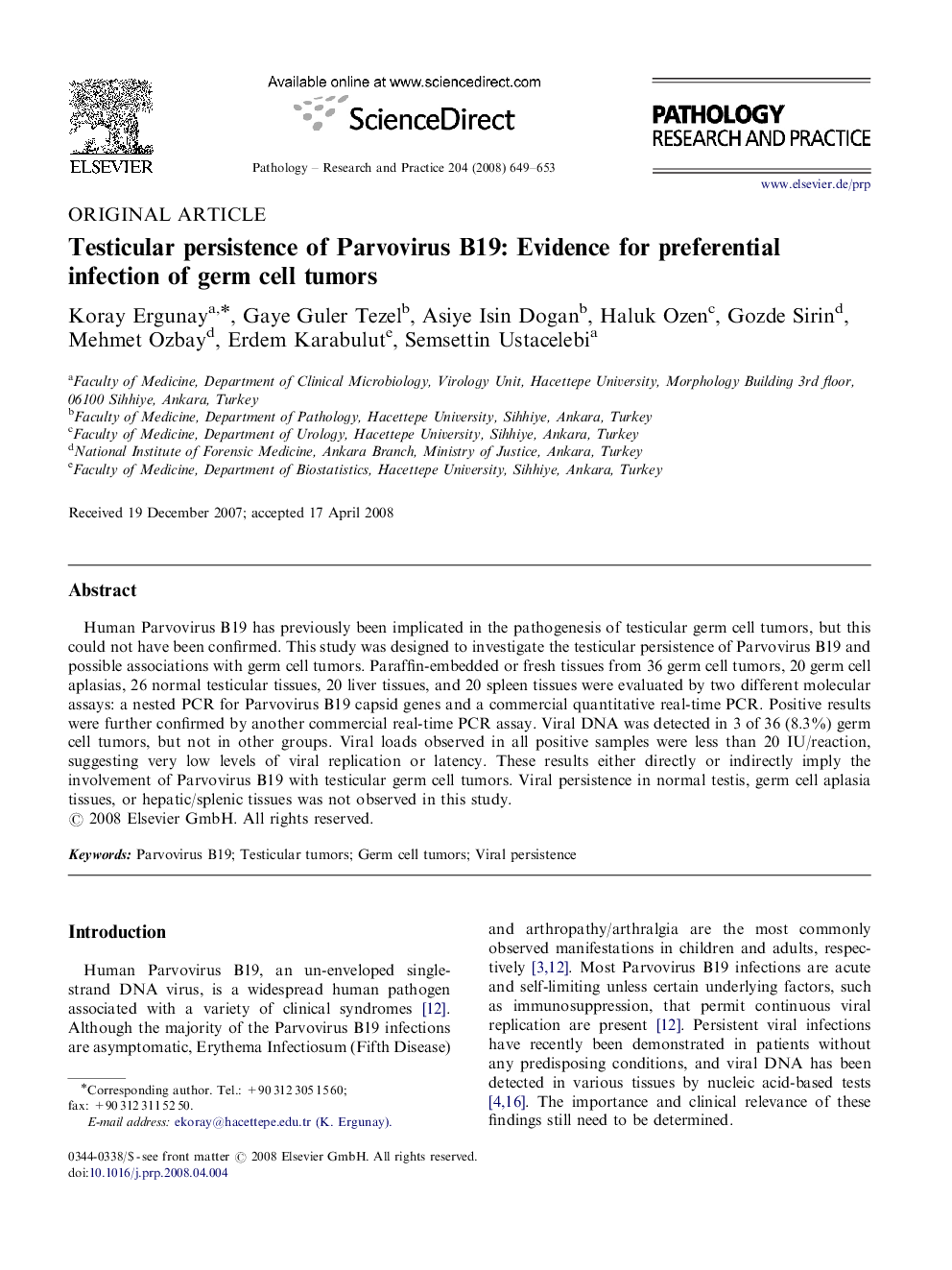 Testicular persistence of Parvovirus B19: Evidence for preferential infection of germ cell tumors