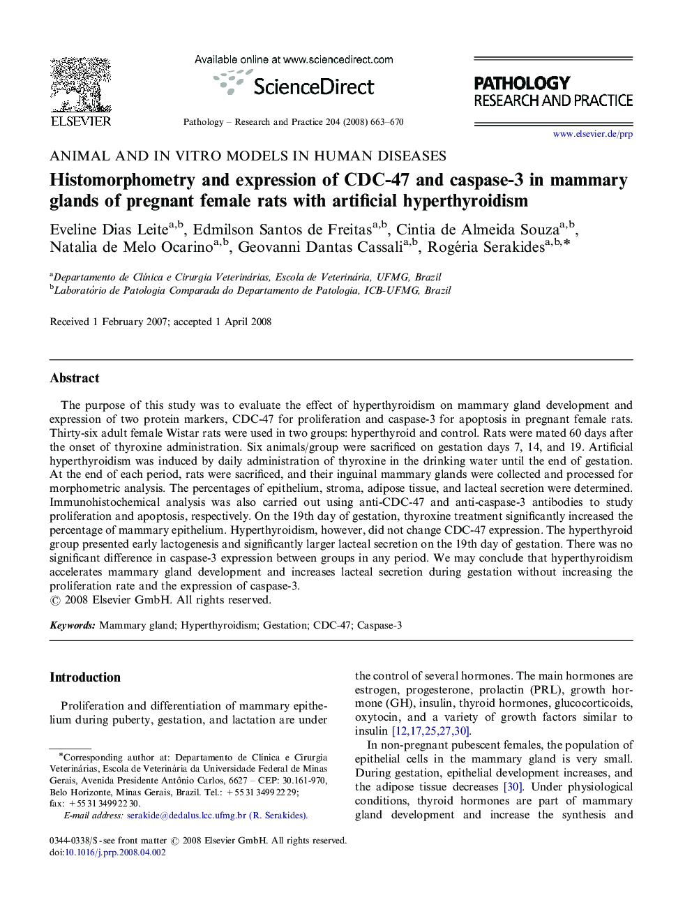 Histomorphometry and expression of CDC-47 and caspase-3 in mammary glands of pregnant female rats with artificial hyperthyroidism