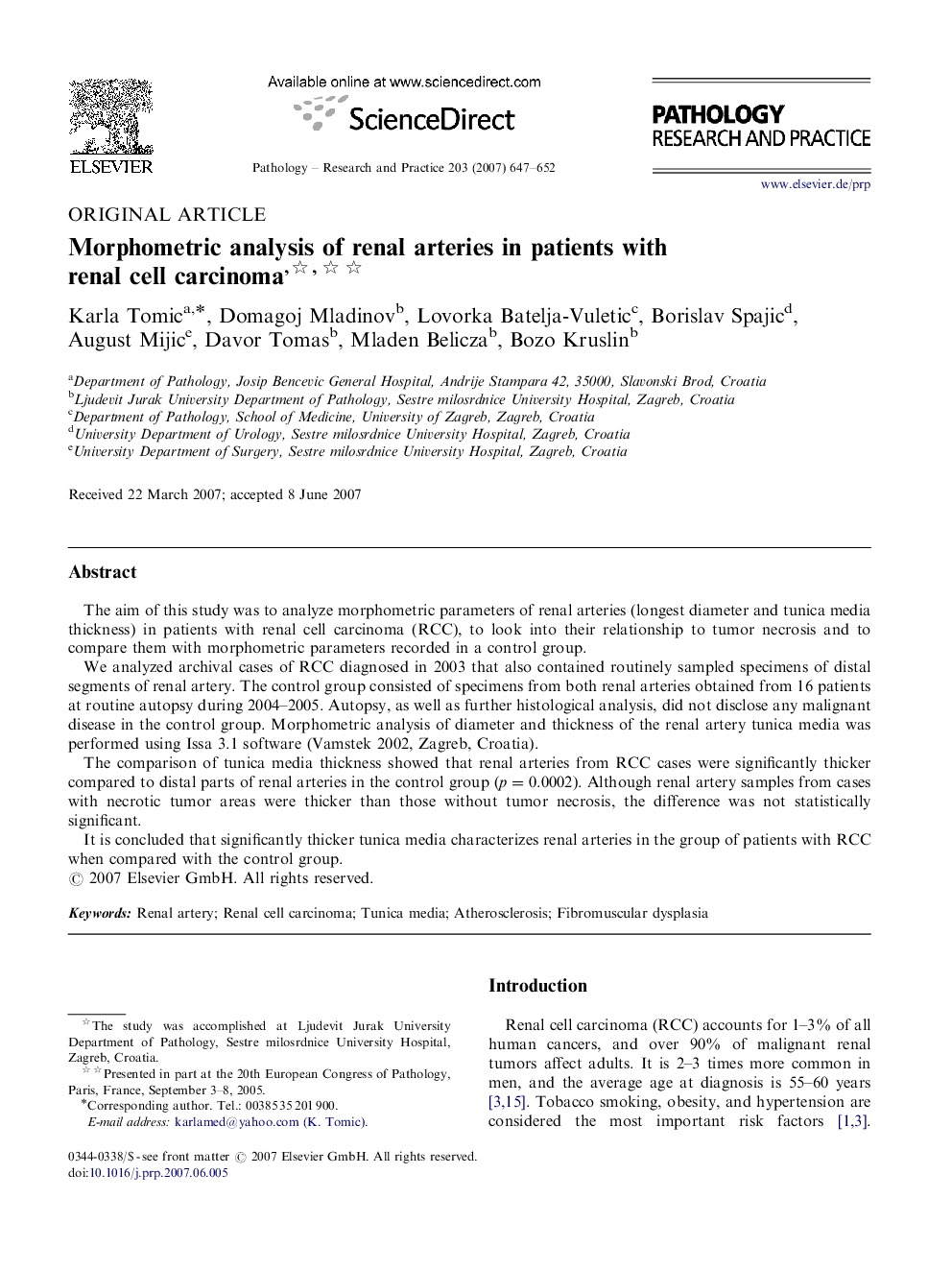 Morphometric analysis of renal arteries in patients with renal cell carcinoma,