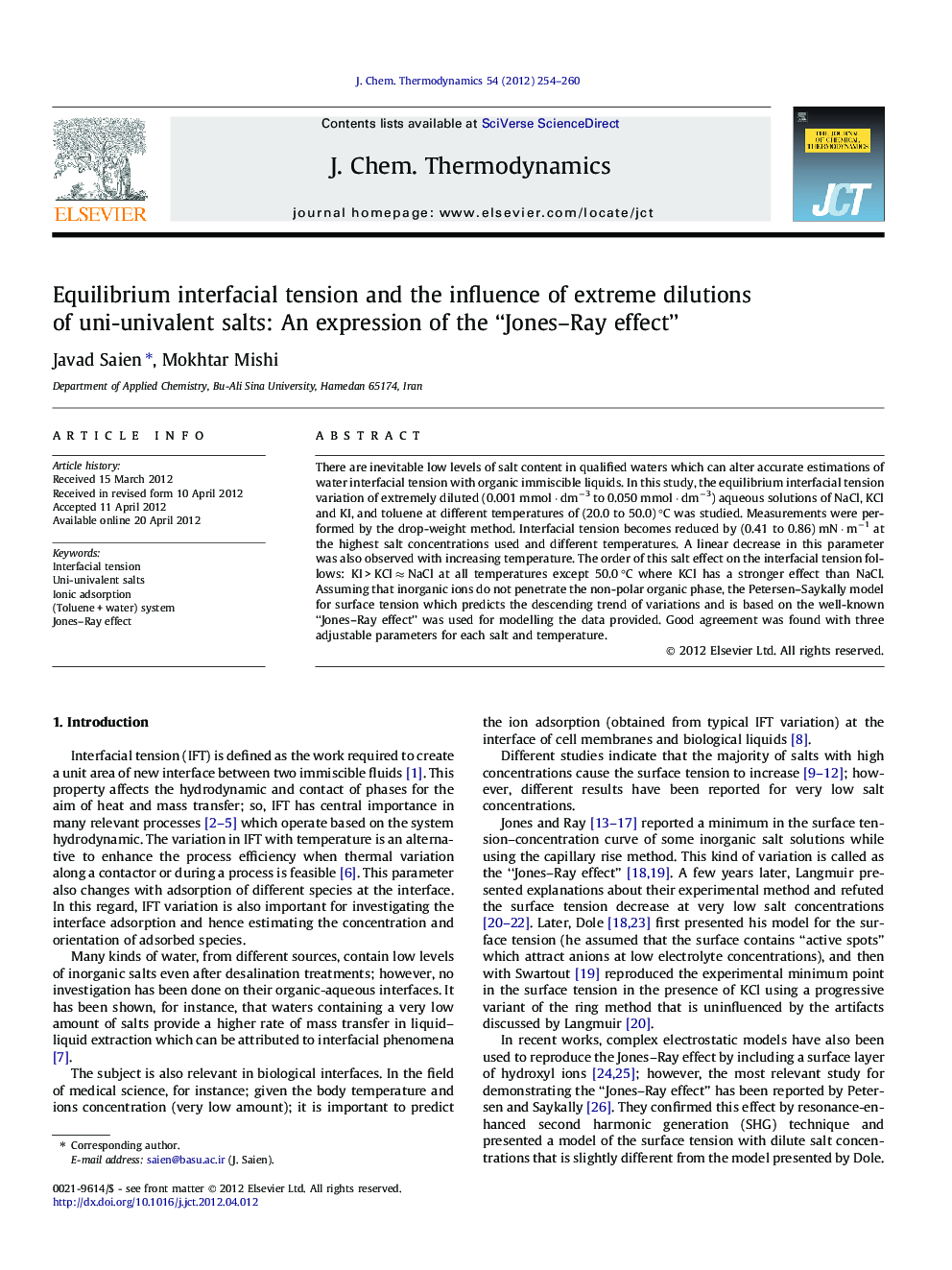 Equilibrium interfacial tension and the influence of extreme dilutions of uni-univalent salts: An expression of the “Jones–Ray effect”