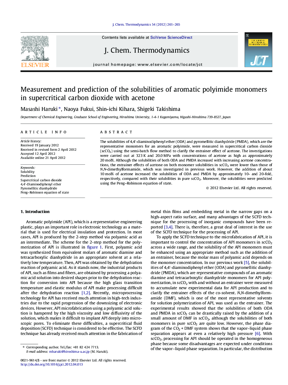 Measurement and prediction of the solubilities of aromatic polyimide monomers in supercritical carbon dioxide with acetone