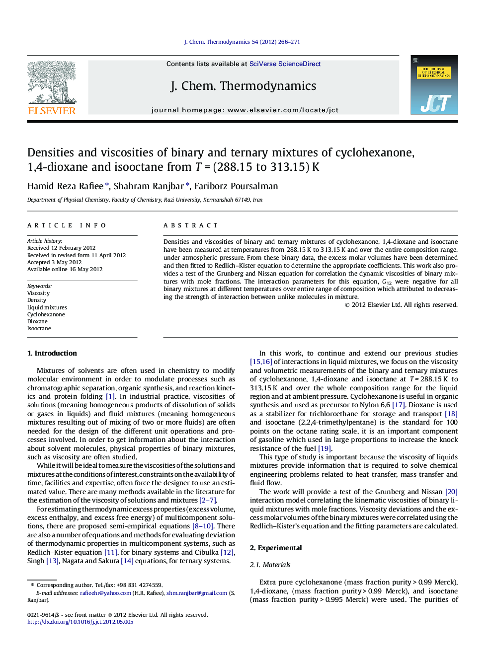 Densities and viscosities of binary and ternary mixtures of cyclohexanone, 1,4-dioxane and isooctane from T = (288.15 to 313.15) K