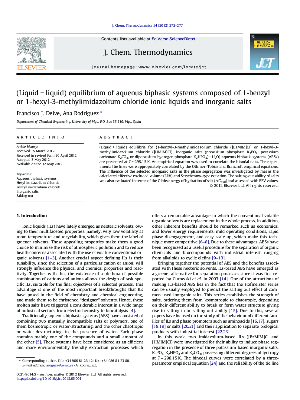 (Liquid + liquid) equilibrium of aqueous biphasic systems composed of 1-benzyl or 1-hexyl-3-methylimidazolium chloride ionic liquids and inorganic salts