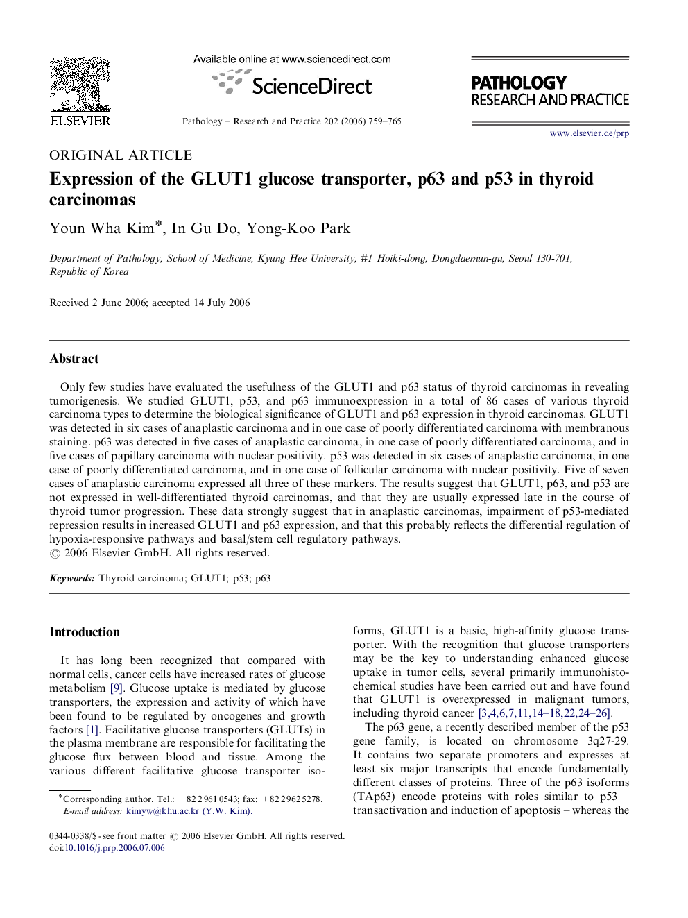 Expression of the GLUT1 glucose transporter, p63 and p53 in thyroid carcinomas