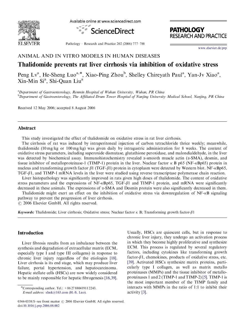 Thalidomide prevents rat liver cirrhosis via inhibition of oxidative stress