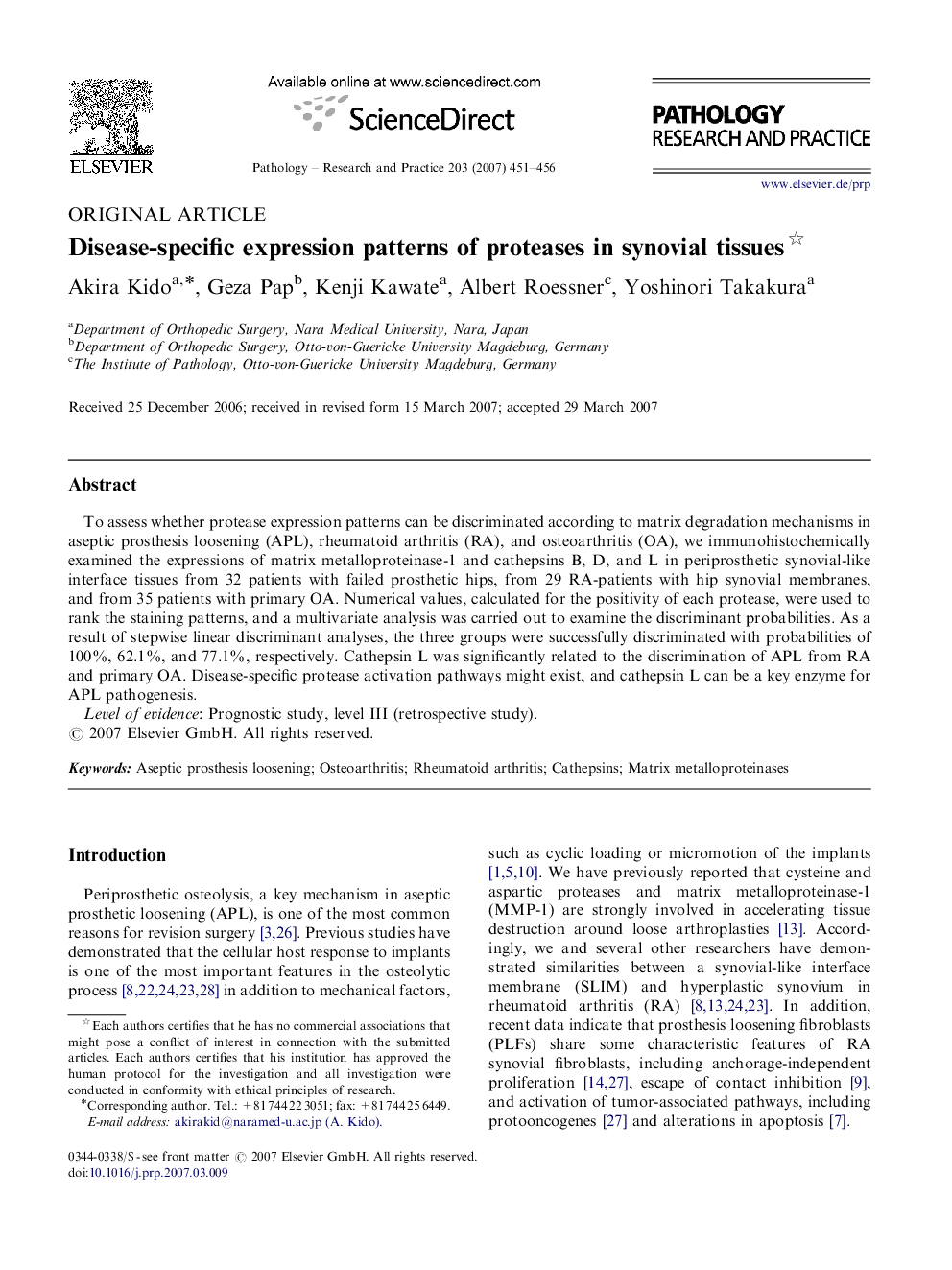 Disease-specific expression patterns of proteases in synovial tissues