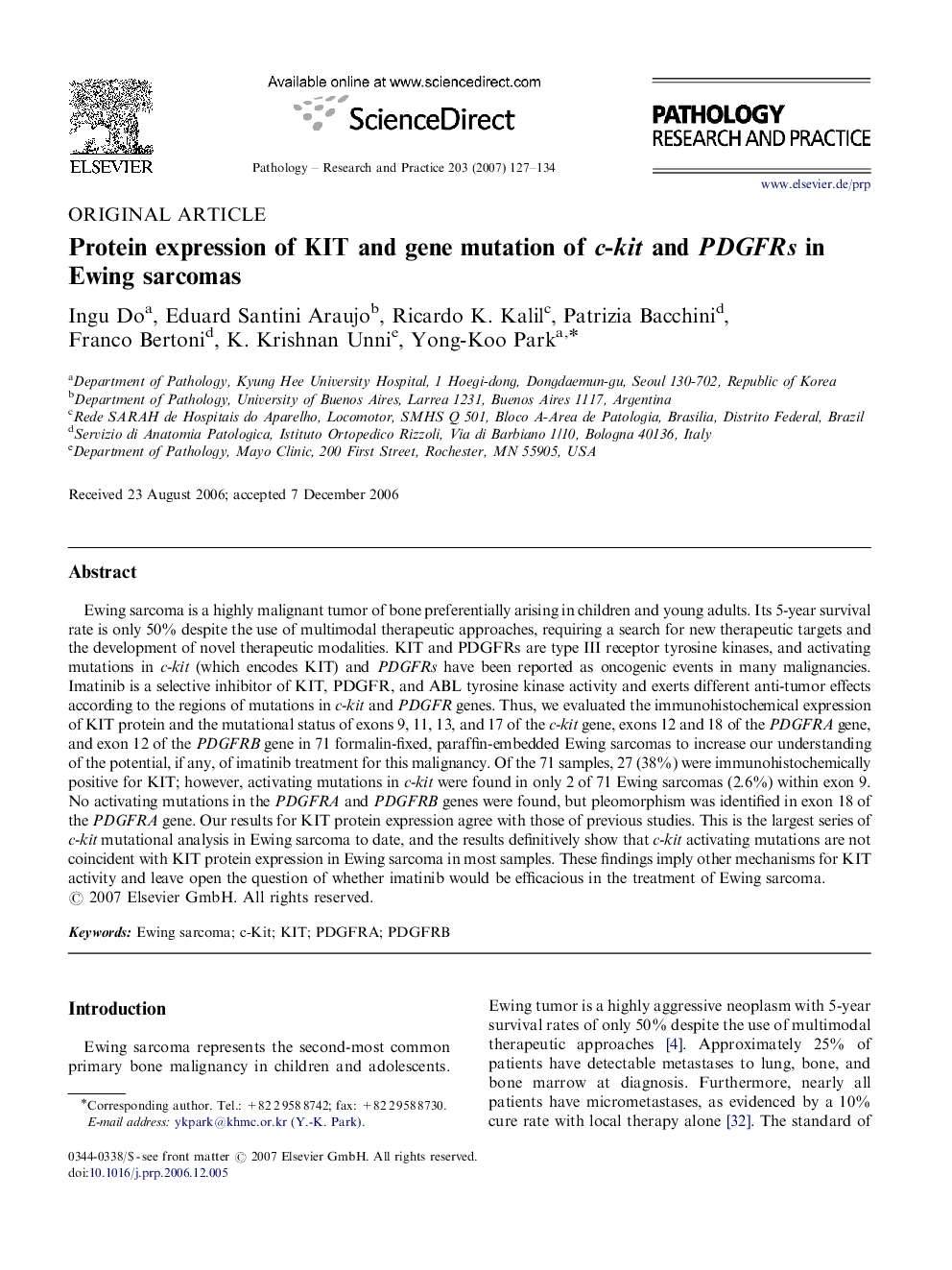 Protein expression of KIT and gene mutation of c-kit and PDGFRs in Ewing sarcomas