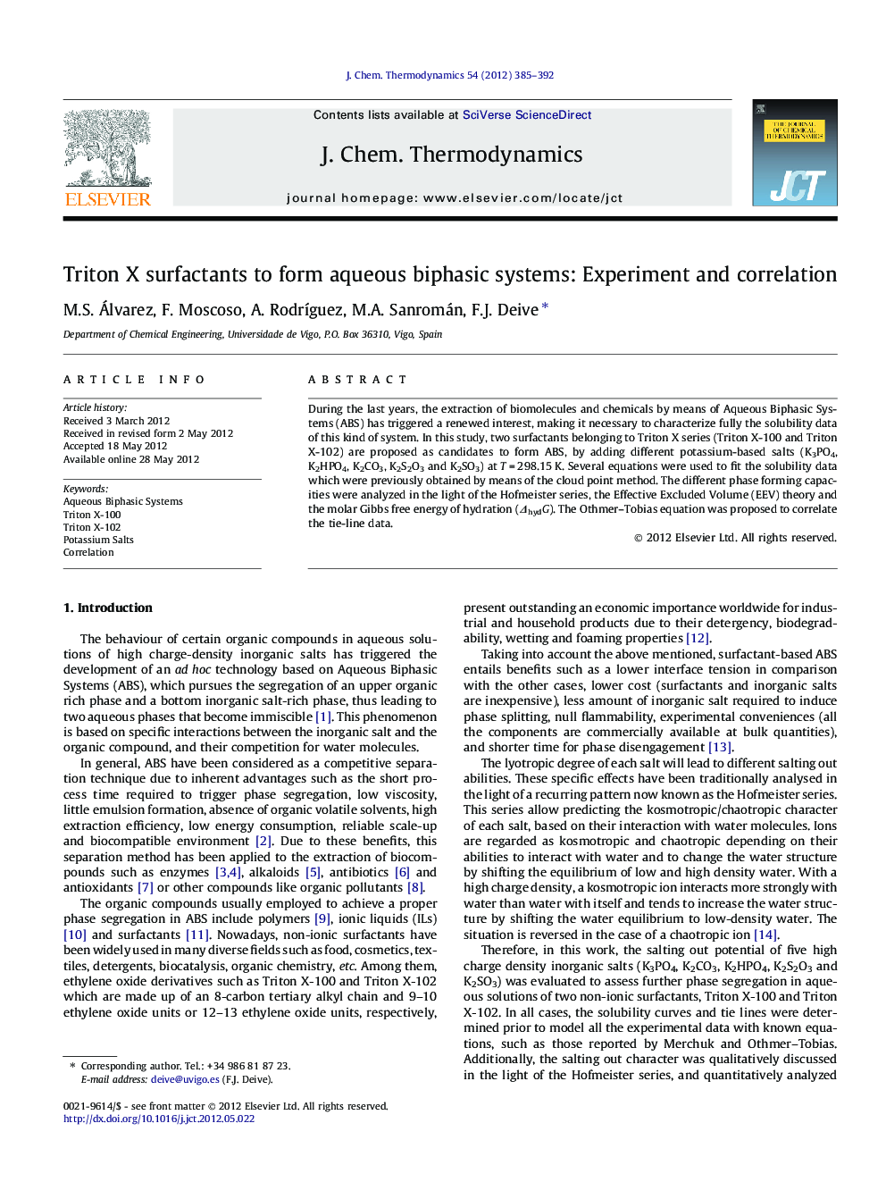 Triton X surfactants to form aqueous biphasic systems: Experiment and correlation