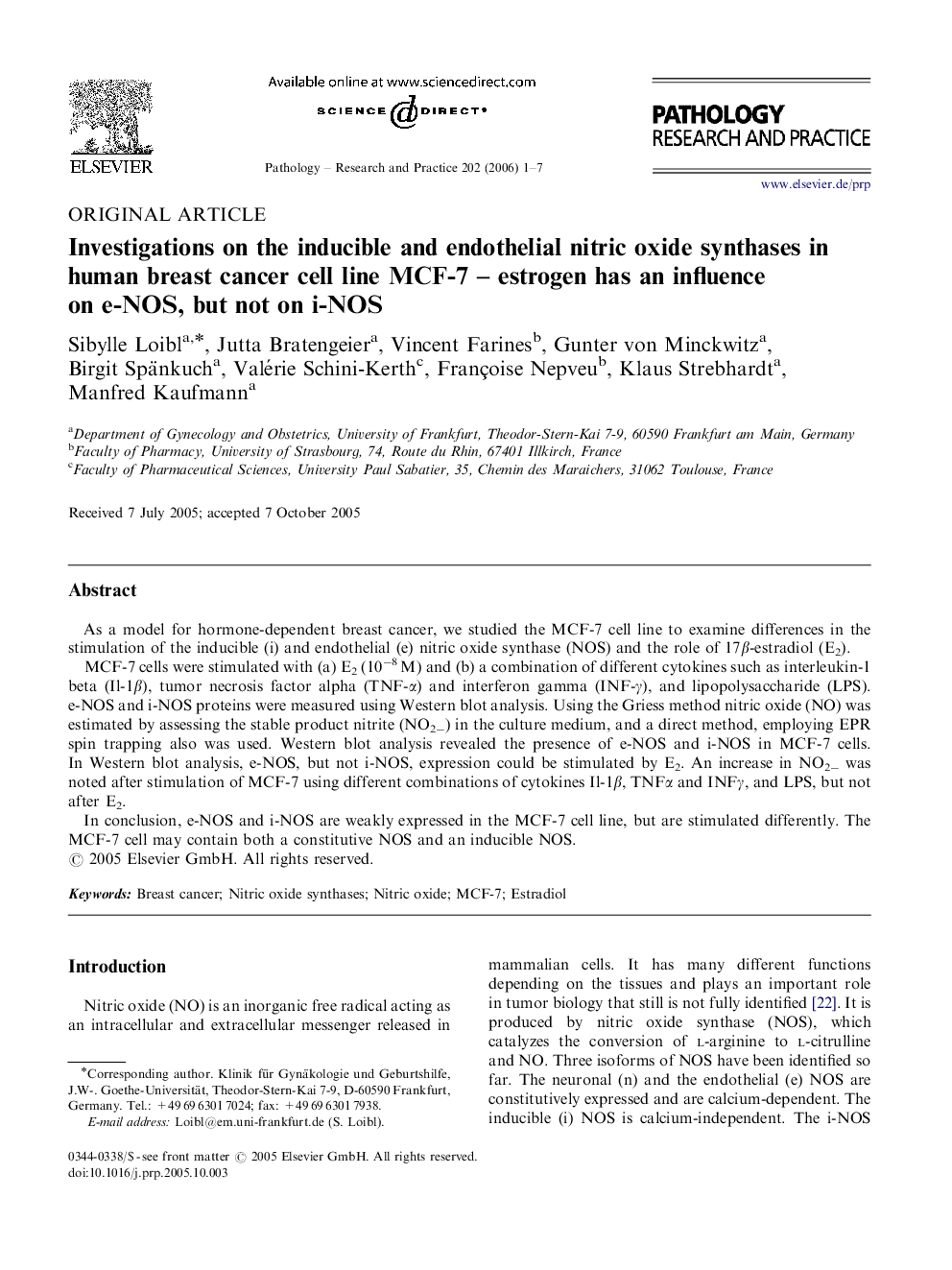 Investigations on the inducible and endothelial nitric oxide synthases in human breast cancer cell line MCF-7 – estrogen has an influence on e-NOS, but not on i-NOS