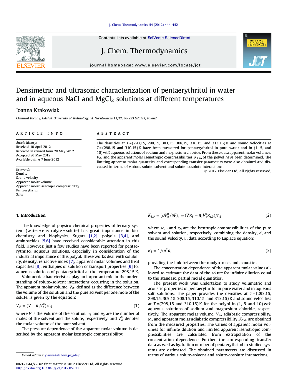 Densimetric and ultrasonic characterization of pentaerythritol in water and in aqueous NaCl and MgCl2 solutions at different temperatures