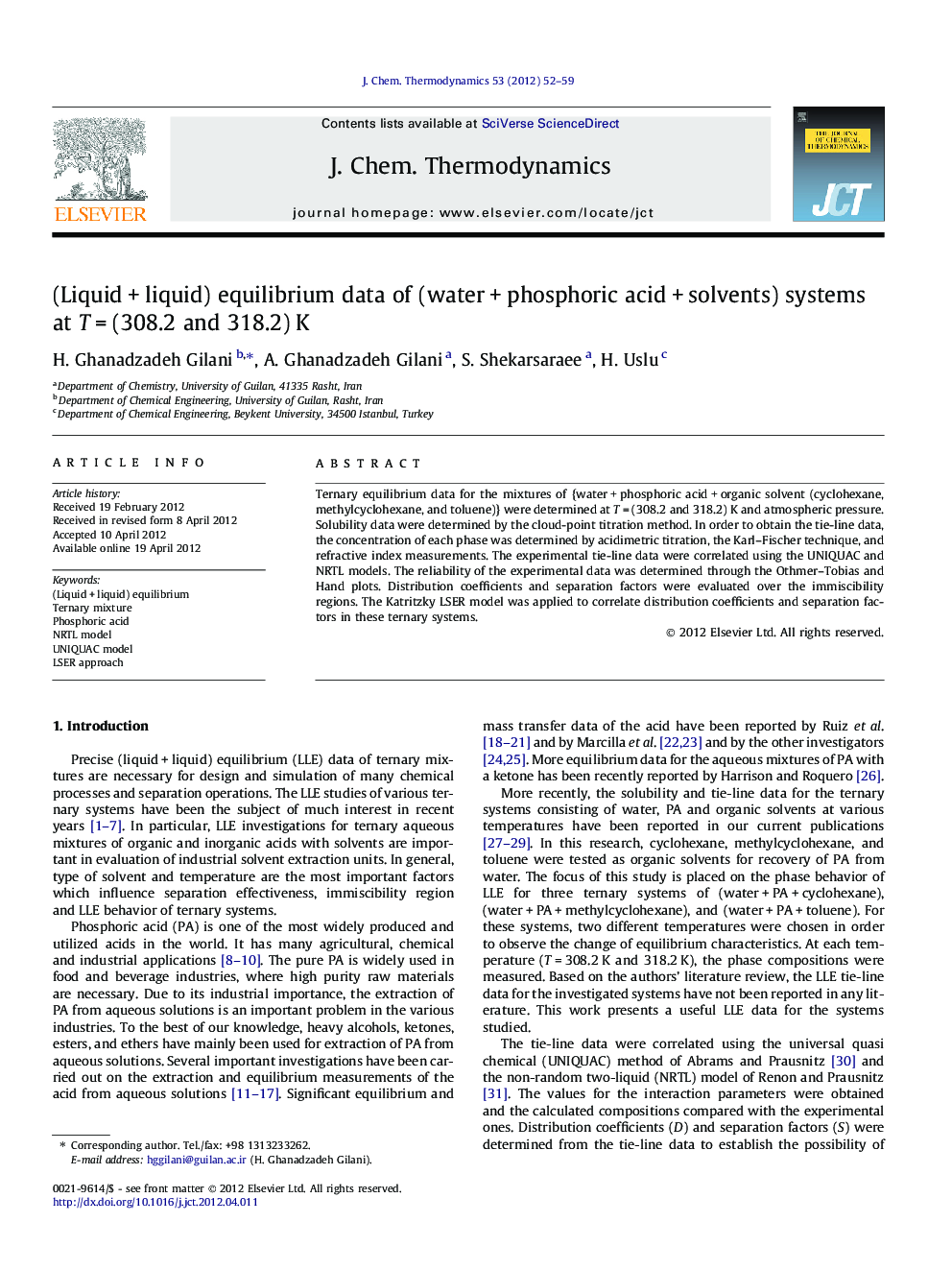 (Liquid + liquid) equilibrium data of (water + phosphoric acid + solvents) systems at T = (308.2 and 318.2) K