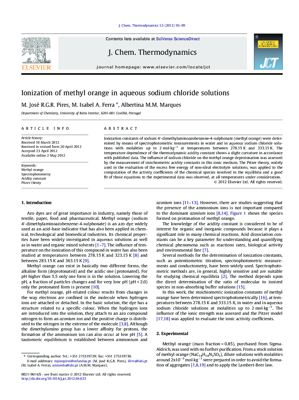 Ionization of methyl orange in aqueous sodium chloride solutions