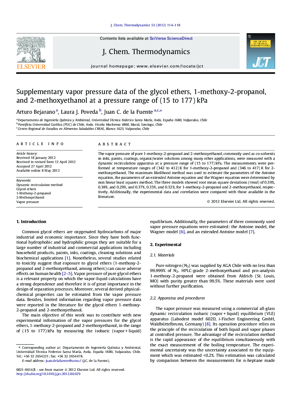 Supplementary vapor pressure data of the glycol ethers, 1-methoxy-2-propanol, and 2-methoxyethanol at a pressure range of (15 to 177) kPa