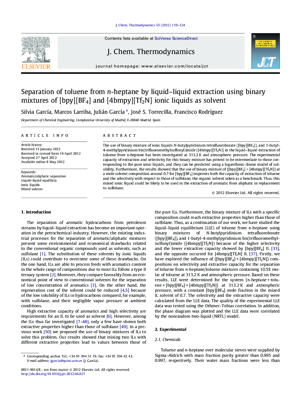 Separation of toluene from n-heptane by liquid–liquid extraction using binary mixtures of [bpy][BF4] and [4bmpy][Tf2N] ionic liquids as solvent