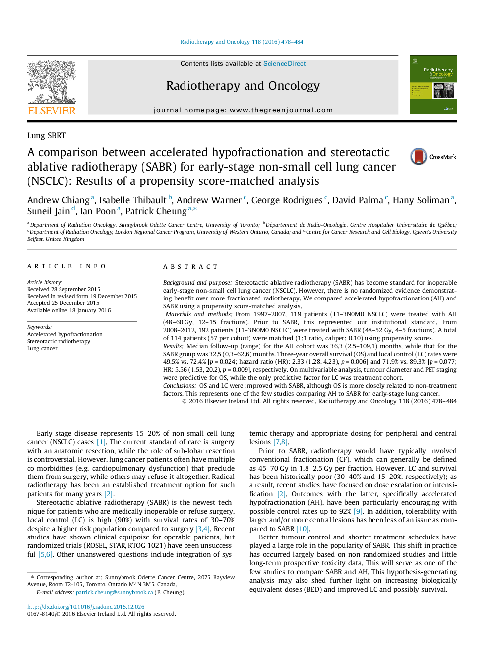 A comparison between accelerated hypofractionation and stereotactic ablative radiotherapy (SABR) for early-stage non-small cell lung cancer (NSCLC): Results of a propensity score-matched analysis