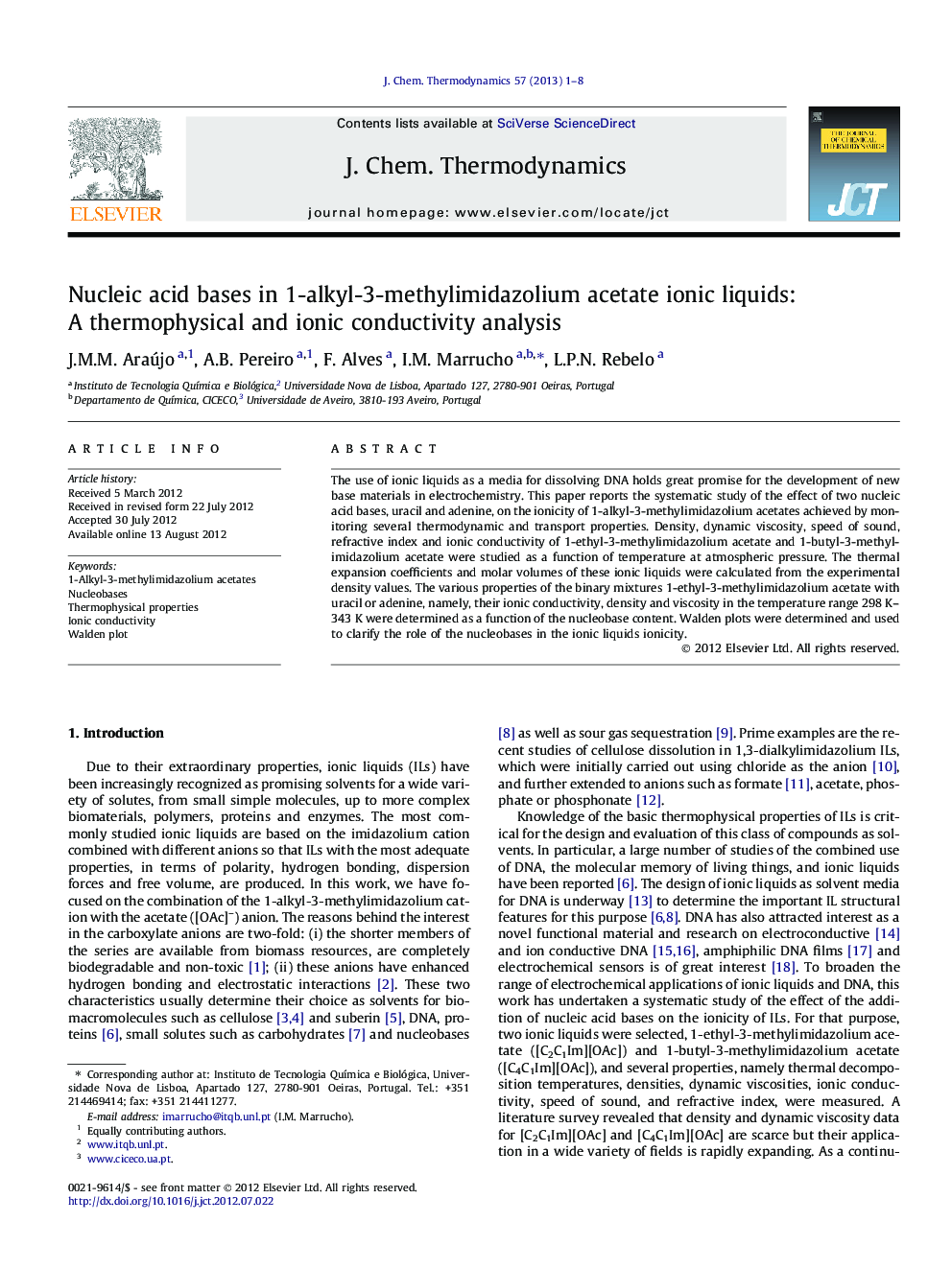 Nucleic acid bases in 1-alkyl-3-methylimidazolium acetate ionic liquids: A thermophysical and ionic conductivity analysis