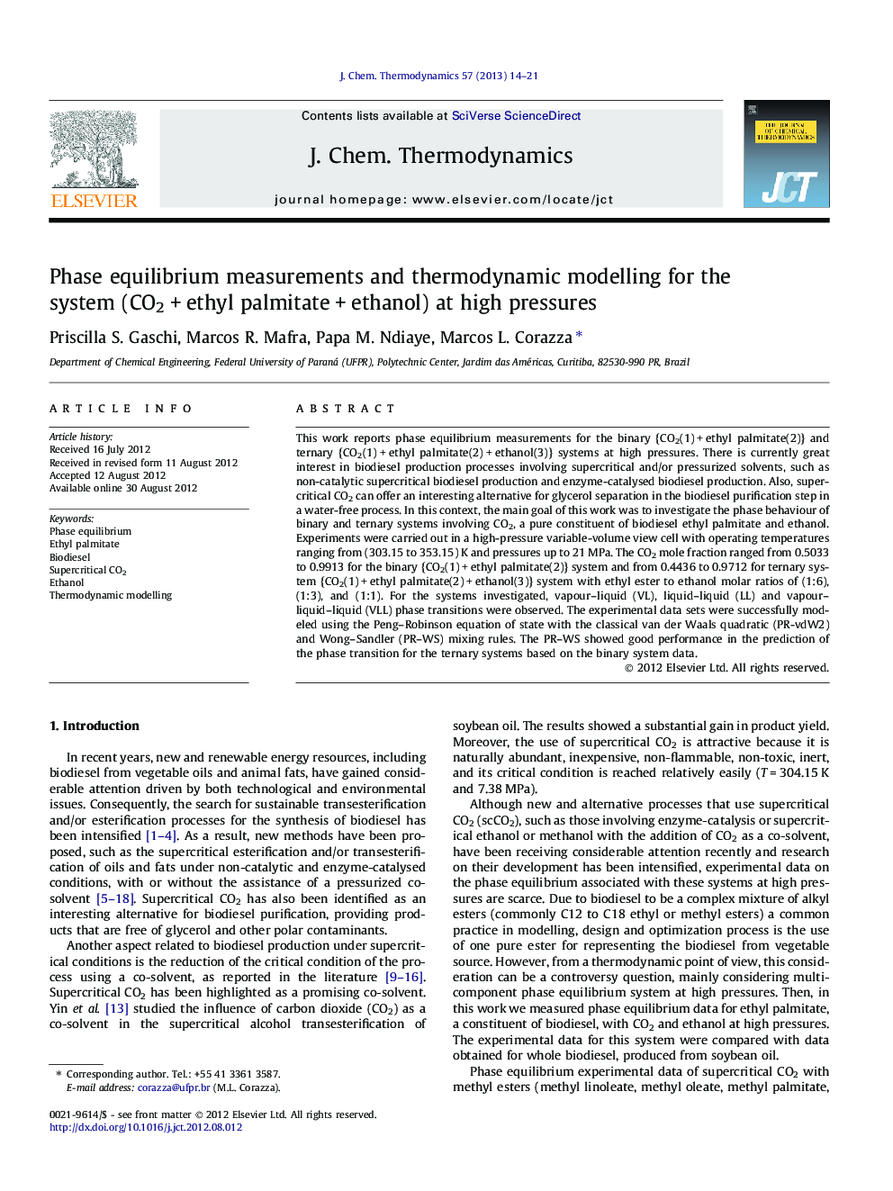 Phase equilibrium measurements and thermodynamic modelling for the system (CO2 + ethyl palmitate + ethanol) at high pressures