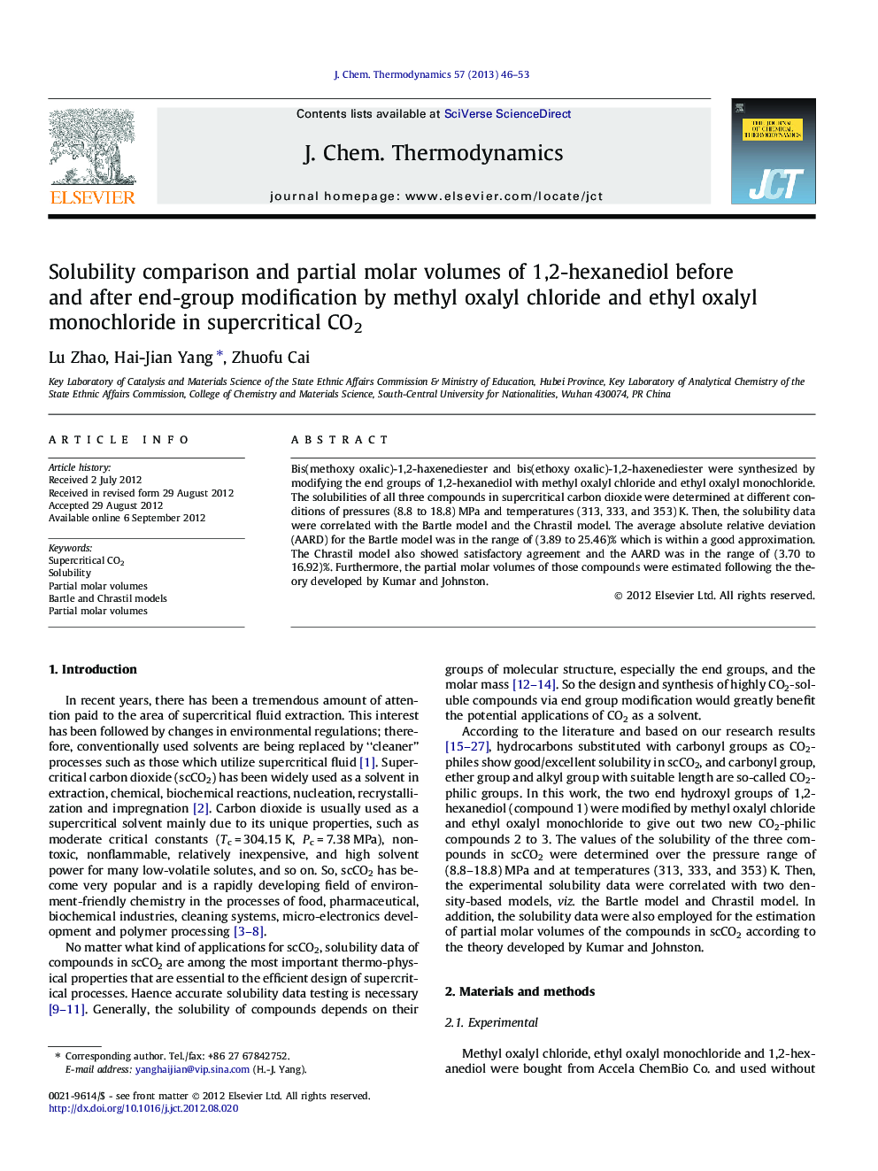 Solubility comparison and partial molar volumes of 1,2-hexanediol before and after end-group modification by methyl oxalyl chloride and ethyl oxalyl monochloride in supercritical CO2