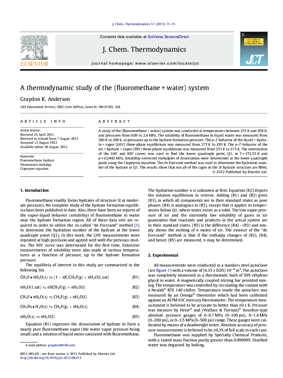 A thermodynamic study of the (fluoromethane + water) system