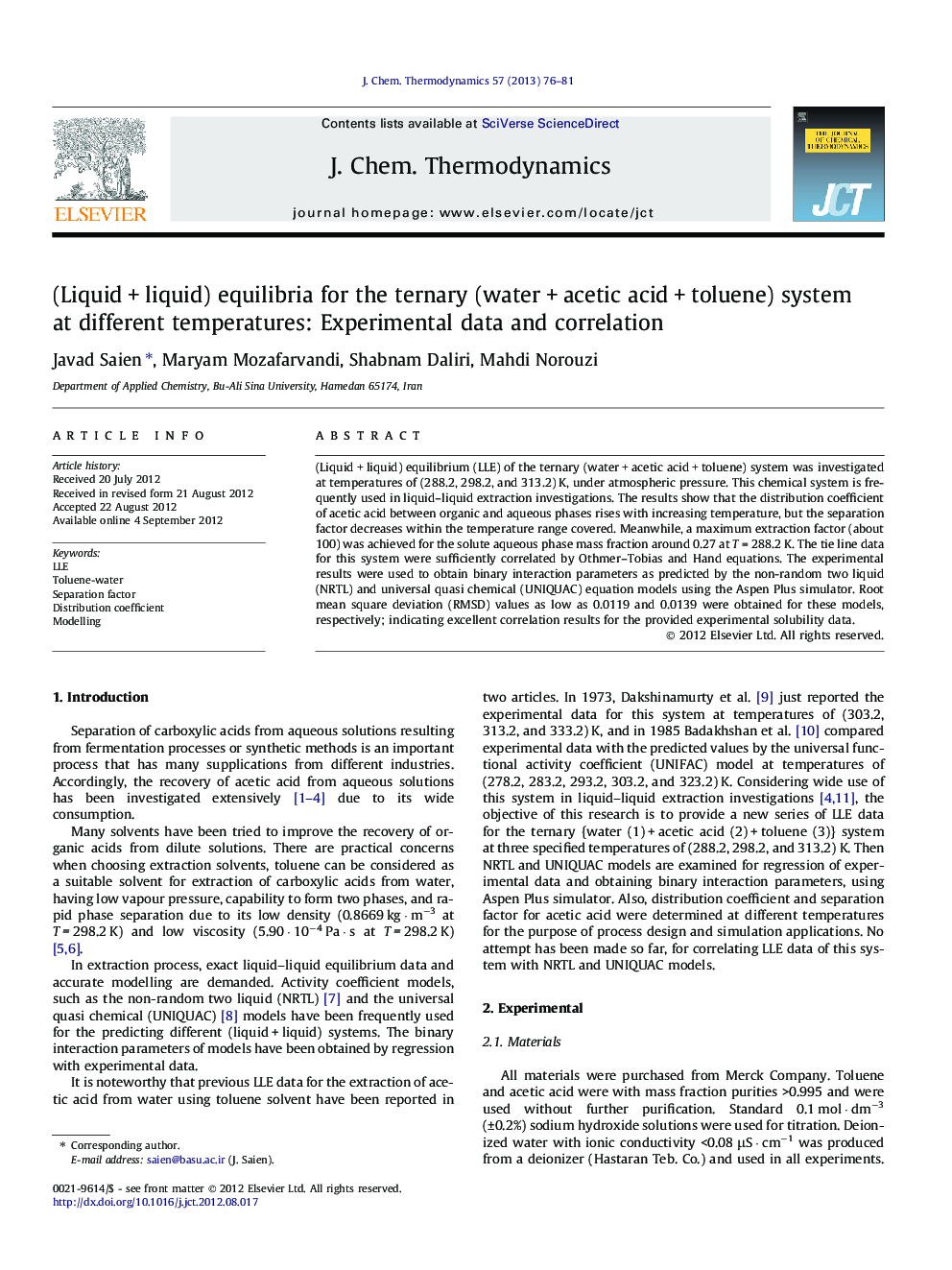 (Liquid + liquid) equilibria for the ternary (water + acetic acid + toluene) system at different temperatures: Experimental data and correlation