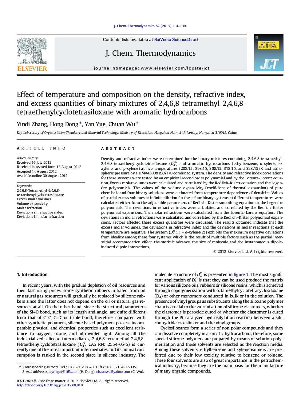 Effect of temperature and composition on the density, refractive index, and excess quantities of binary mixtures of 2,4,6,8-tetramethyl-2,4,6,8-tetraethenylcyclotetrasiloxane with aromatic hydrocarbons