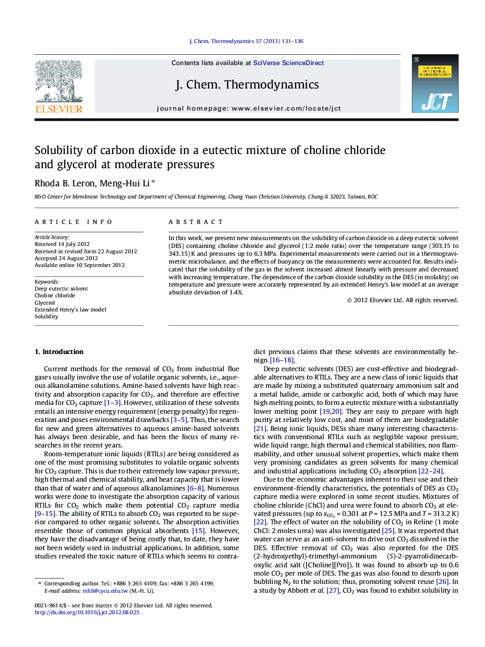 Solubility of carbon dioxide in a eutectic mixture of choline chloride and glycerol at moderate pressures
