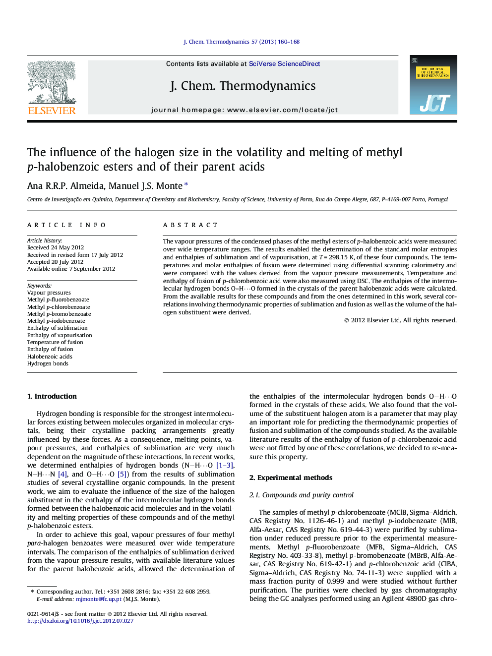 The influence of the halogen size in the volatility and melting of methyl p-halobenzoic esters and of their parent acids