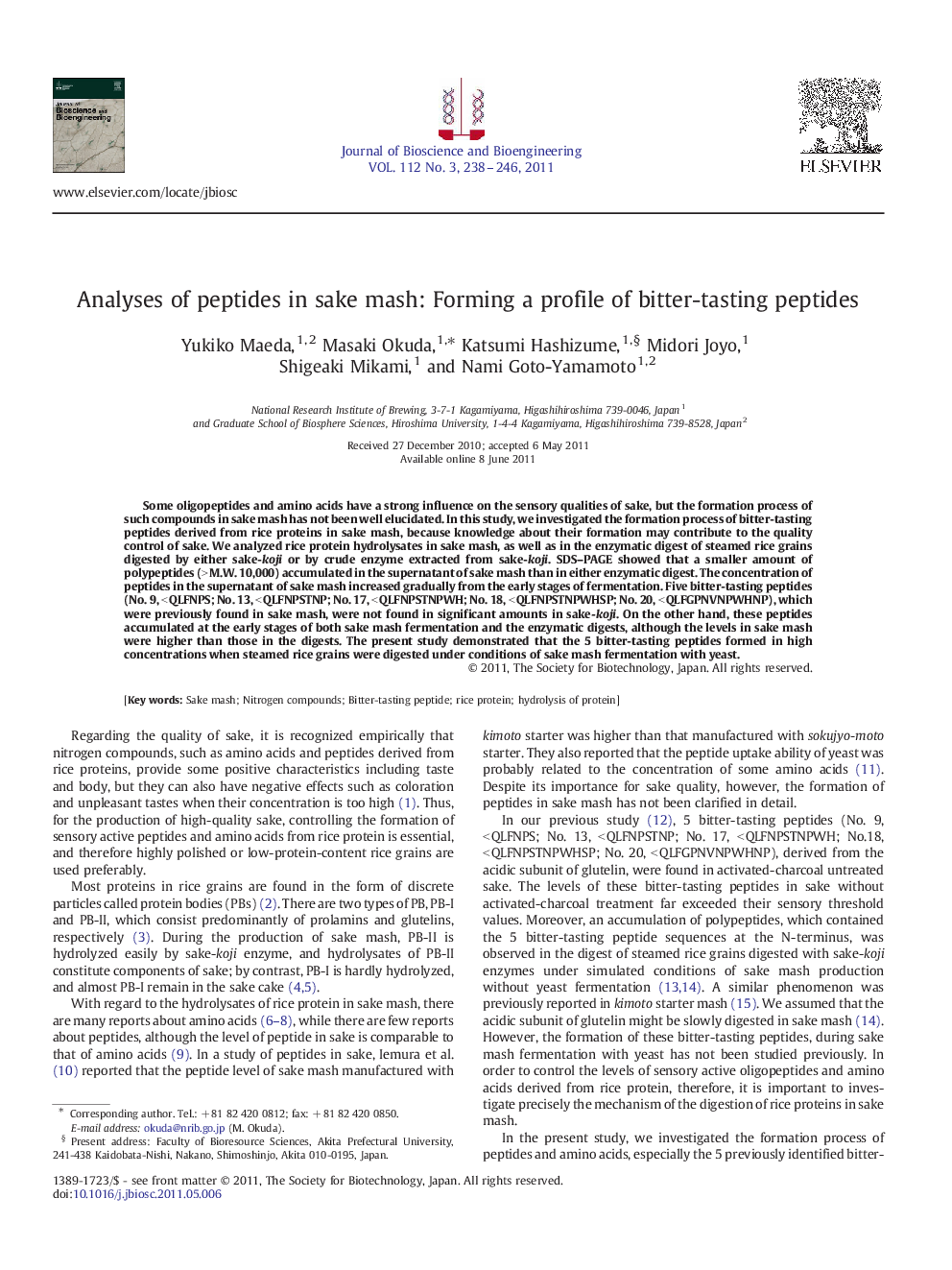 Analyses of peptides in sake mash: Forming a profile of bitter-tasting peptides