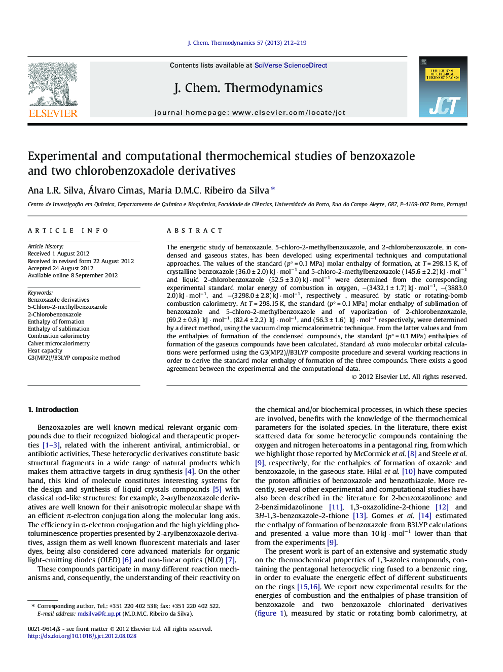 Experimental and computational thermochemical studies of benzoxazole and two chlorobenzoxadole derivatives