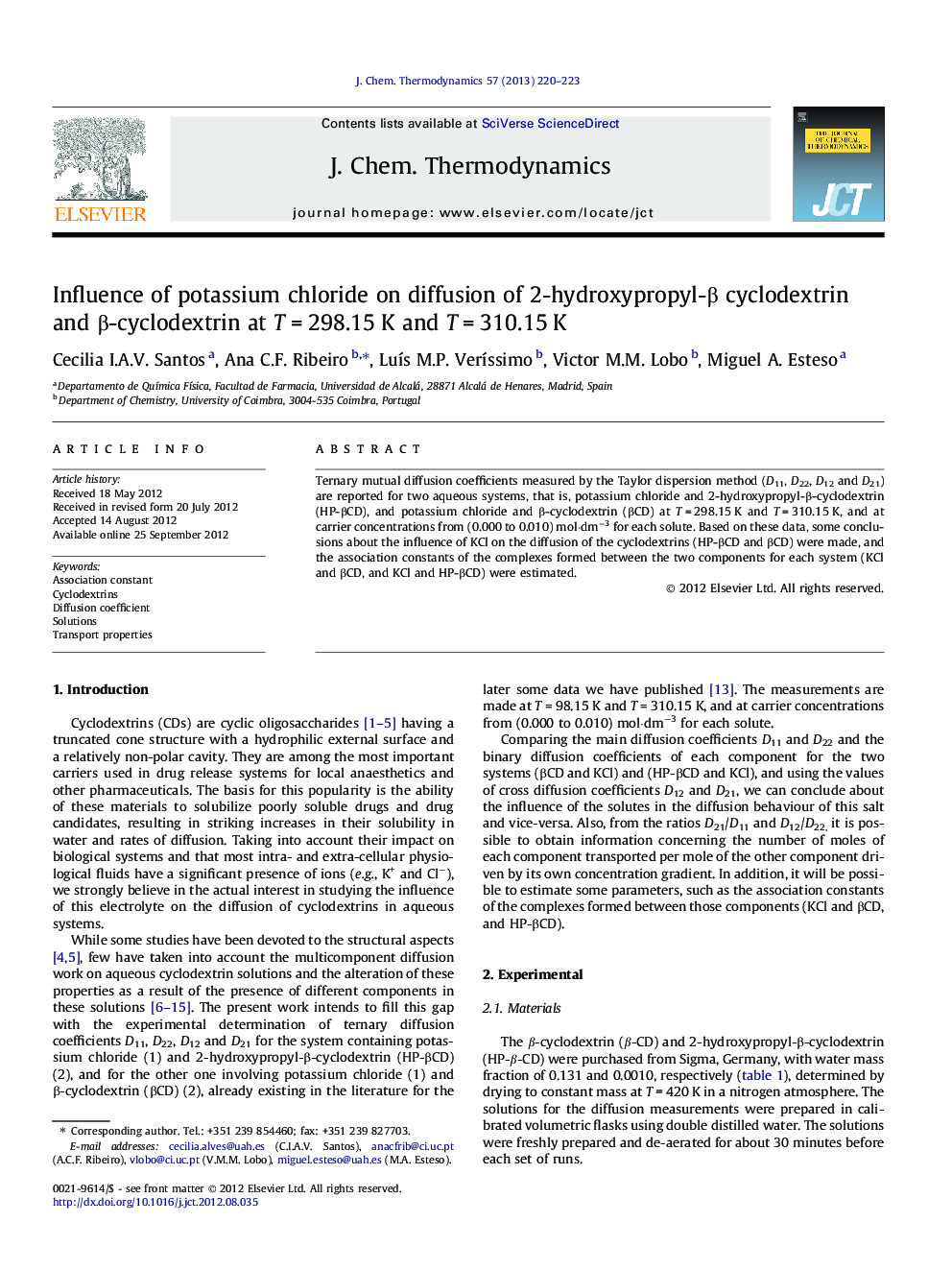 Influence of potassium chloride on diffusion of 2-hydroxypropyl-β cyclodextrin and β-cyclodextrin at T = 298.15 K and T = 310.15 K