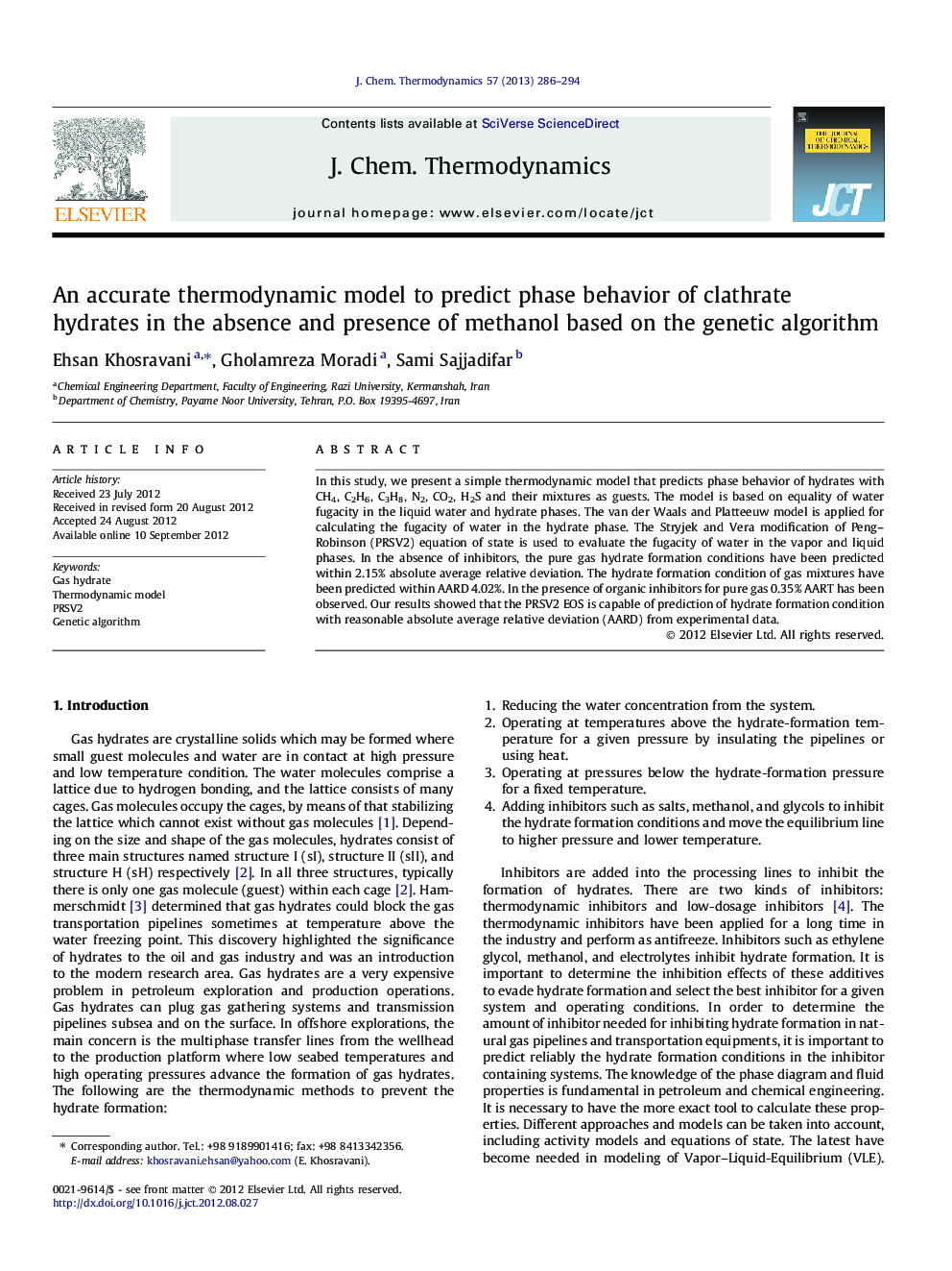 An accurate thermodynamic model to predict phase behavior of clathrate hydrates in the absence and presence of methanol based on the genetic algorithm