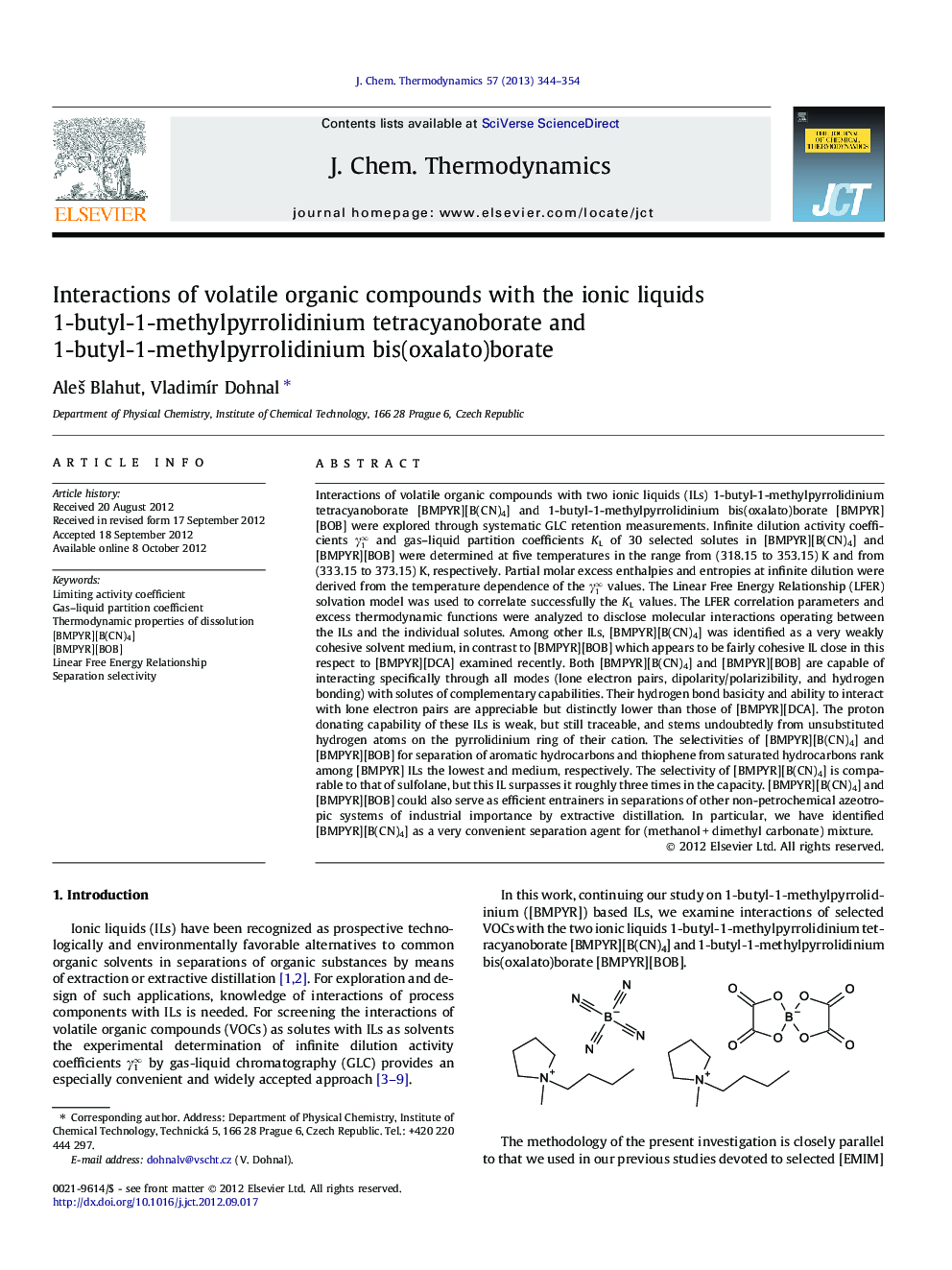 Interactions of volatile organic compounds with the ionic liquids 1-butyl-1-methylpyrrolidinium tetracyanoborate and 1-butyl-1-methylpyrrolidinium bis(oxalato)borate