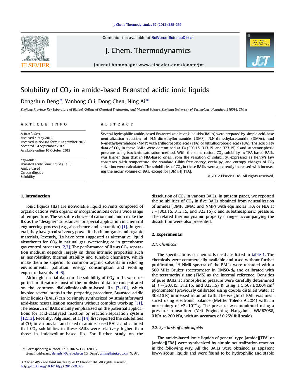 Solubility of CO2 in amide-based Brønsted acidic ionic liquids