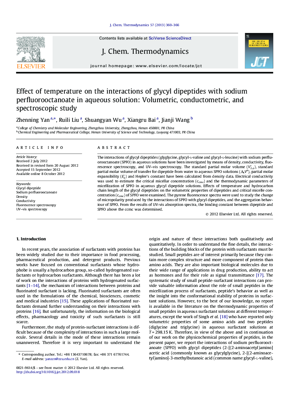 Effect of temperature on the interactions of glycyl dipeptides with sodium perfluorooctanoate in aqueous solution: Volumetric, conductometric, and spectroscopic study