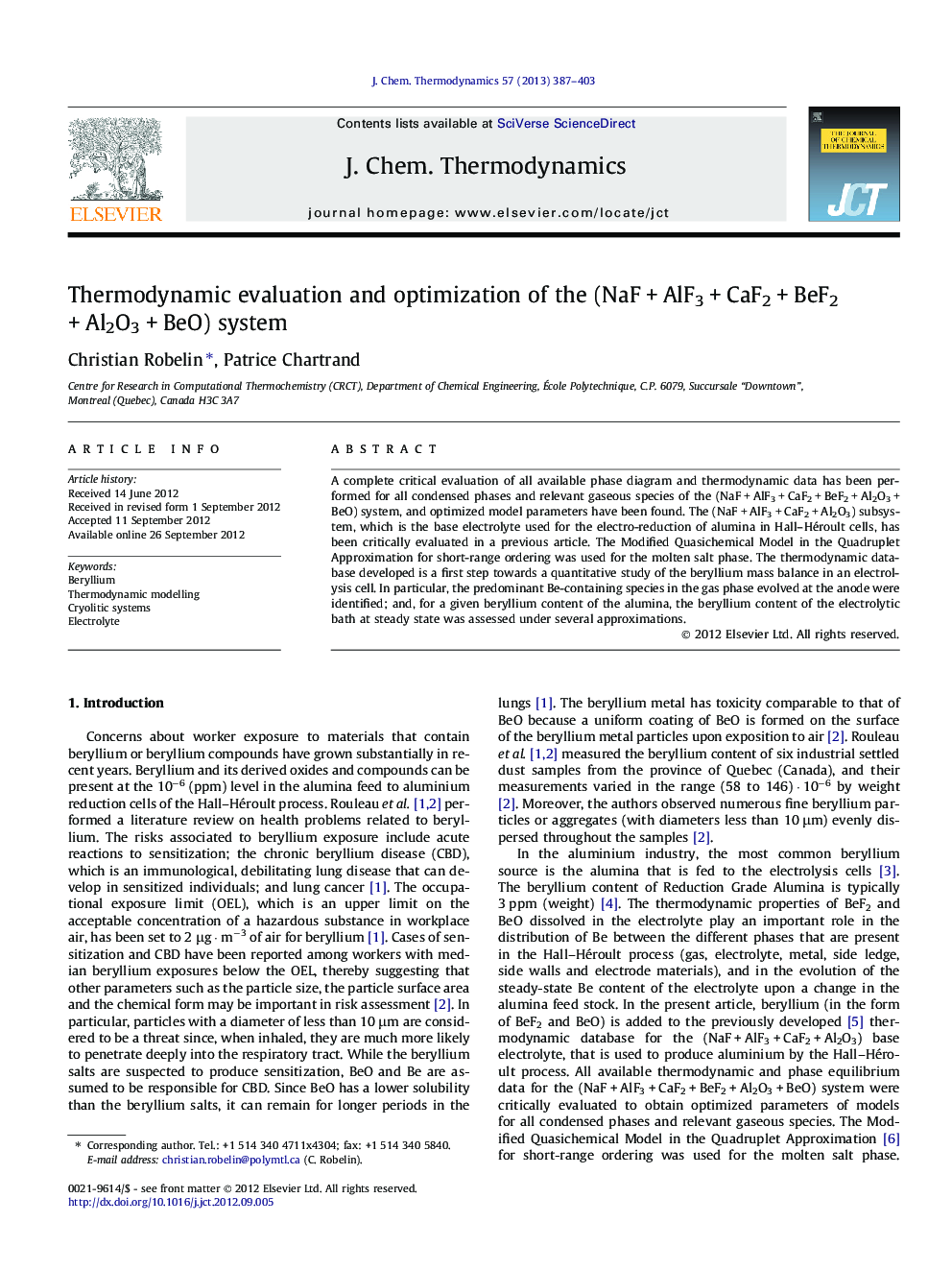 Thermodynamic evaluation and optimization of the (NaF + AlF3 + CaF2 + BeF2 + Al2O3 + BeO) system