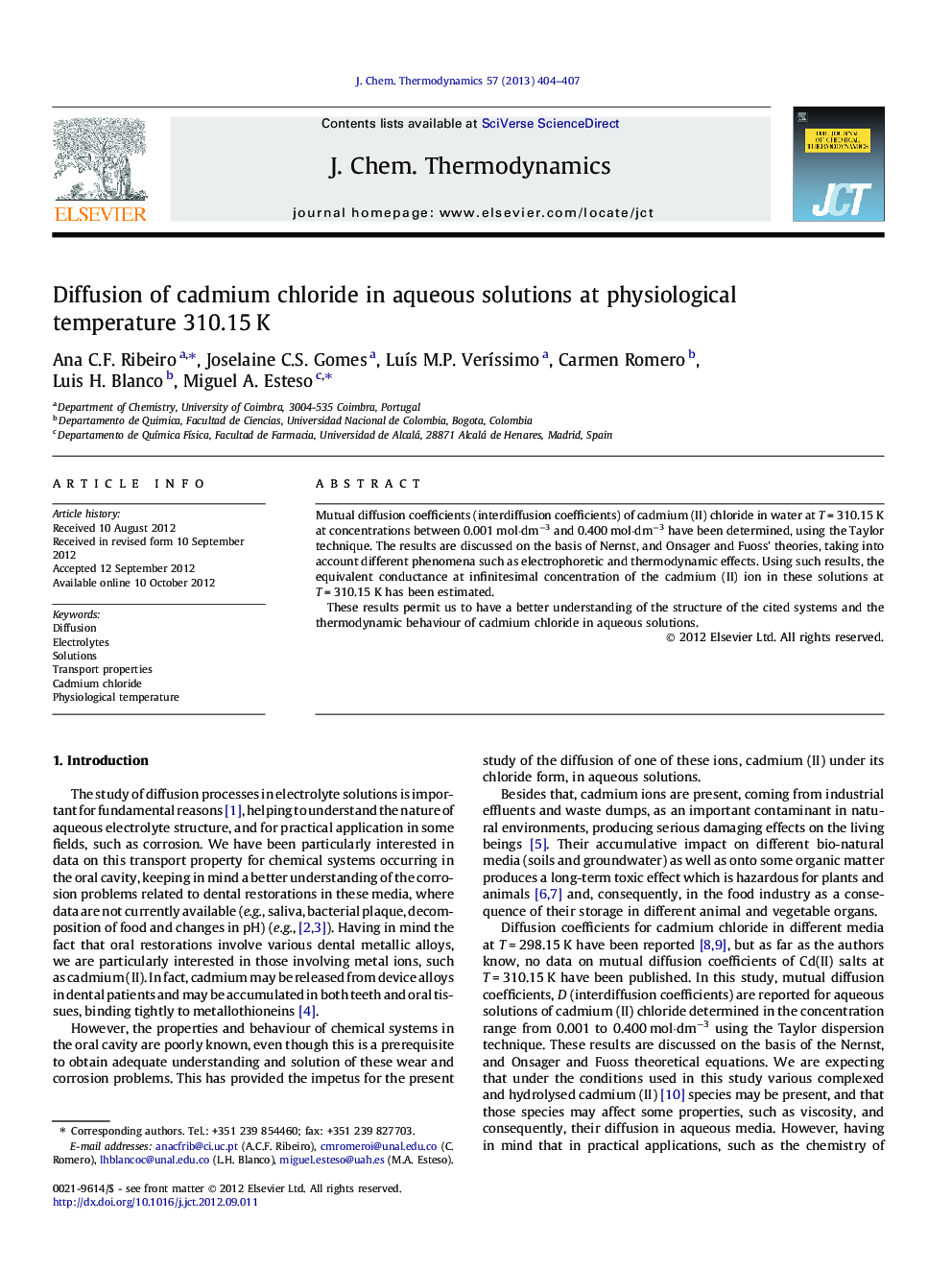 Diffusion of cadmium chloride in aqueous solutions at physiological temperature 310.15 K