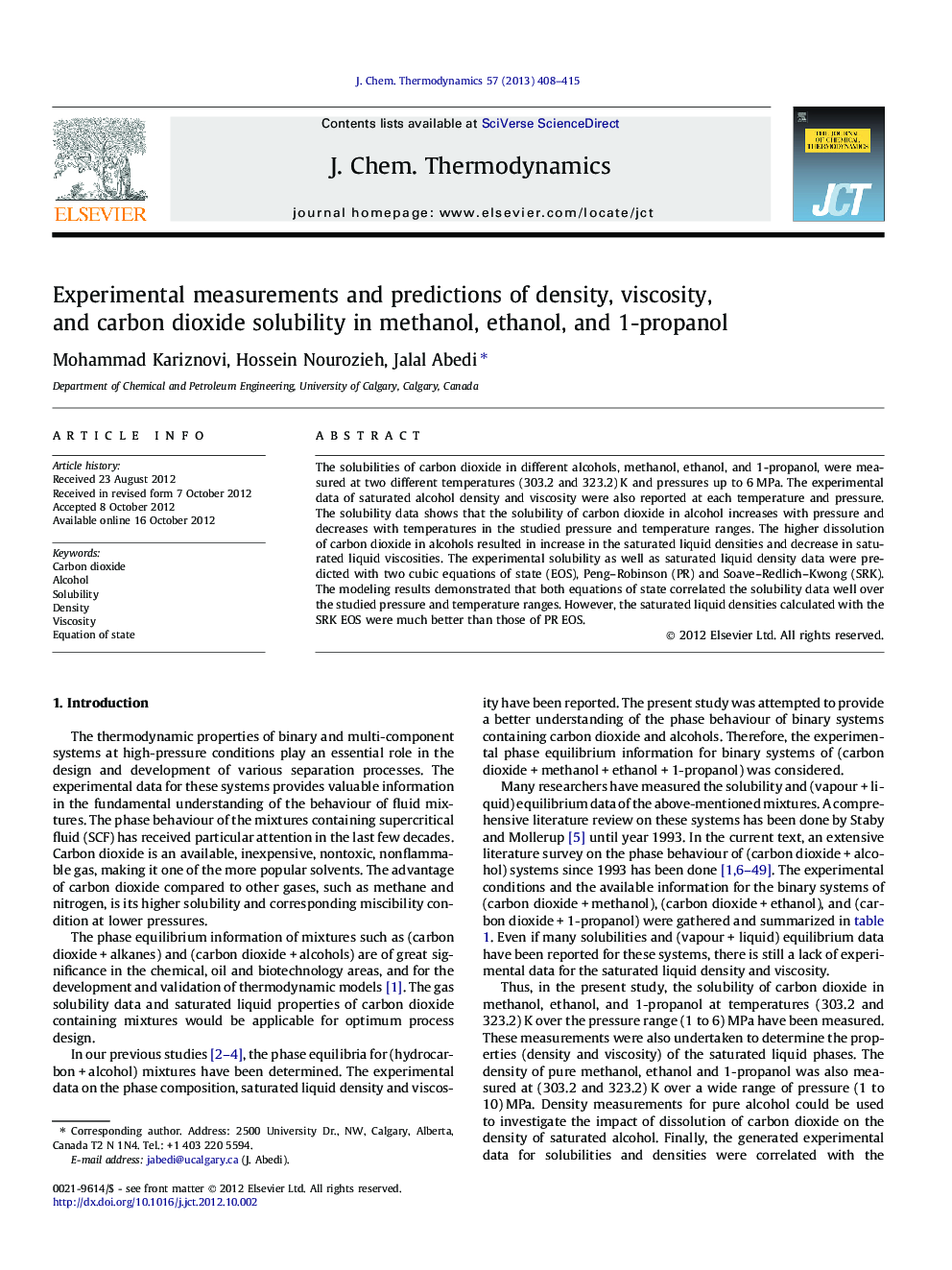 Experimental measurements and predictions of density, viscosity, and carbon dioxide solubility in methanol, ethanol, and 1-propanol