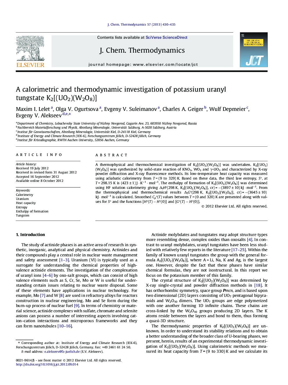 A calorimetric and thermodynamic investigation of potassium uranyl tungstate K2[(UO2)(W2O8)]