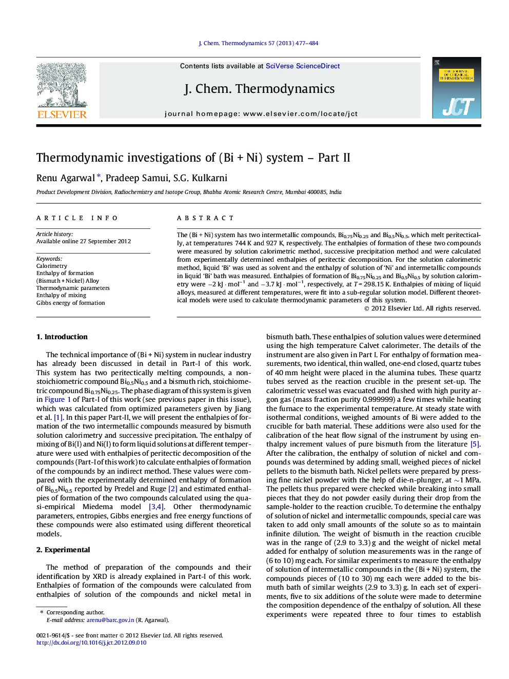 Thermodynamic investigations of (Bi + Ni) system – Part II