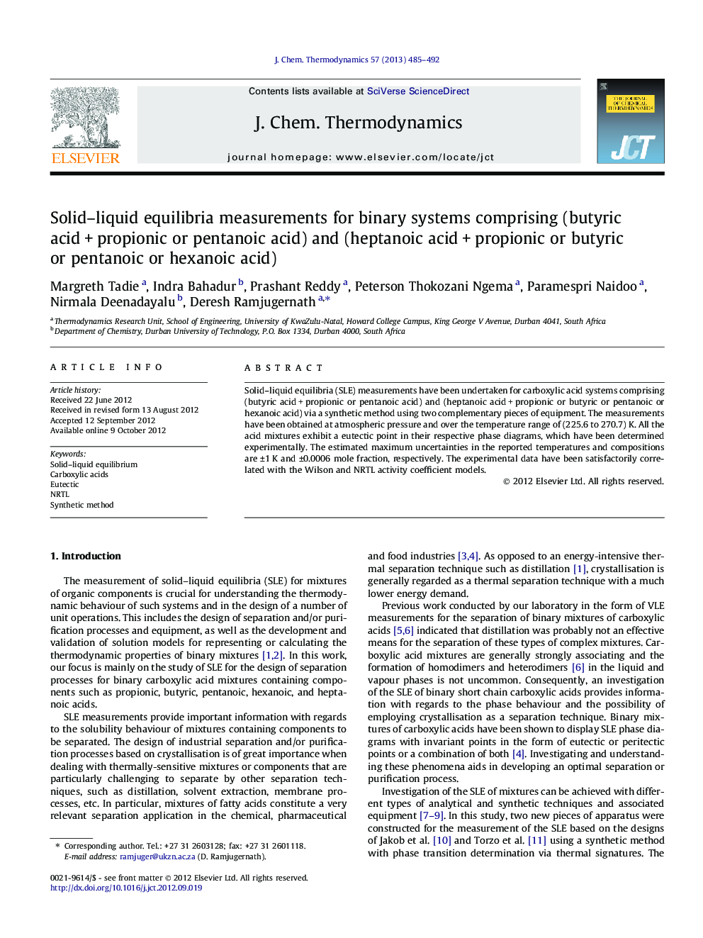 Solid–liquid equilibria measurements for binary systems comprising (butyric acid + propionic or pentanoic acid) and (heptanoic acid + propionic or butyric or pentanoic or hexanoic acid)